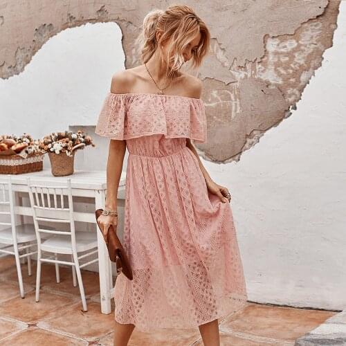 Elegant Off Shoulder Hollow Out Long Lace Dresses Summer Women See Through Strapless Ruffle Lace Casual Holiday Beach Maxi Dress