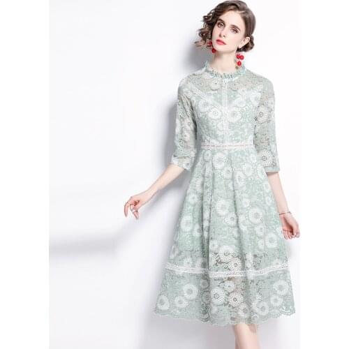 2021 New Women Dresses O-Neck Mid-Calf Lace A-LINE Office Lady Women Dresses Party Night Elegant Vintage Dresses For Women