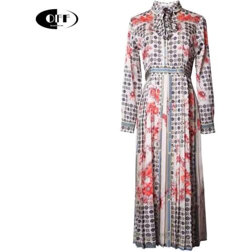 Runway Designer Retro Woman Midi-Long Dress Elegant Vintage Printed Long Sleeve Pleated Bow Ladies Party Beach Dresses Vestidos