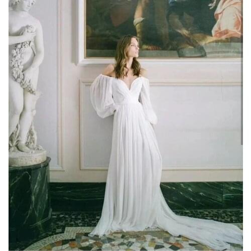 Bride Dress Simple Chifon Long Sleeve With Train V-Neck Elegant Kleider Vestidos Noiva Sereia 2021 Meerjungfrau Kleid For Women