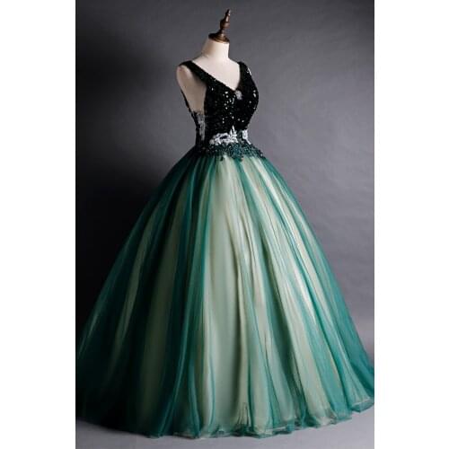 100%real dark green sequined beading vintage ball gown royal Medieval Renaissance Victorian dress Belle ball