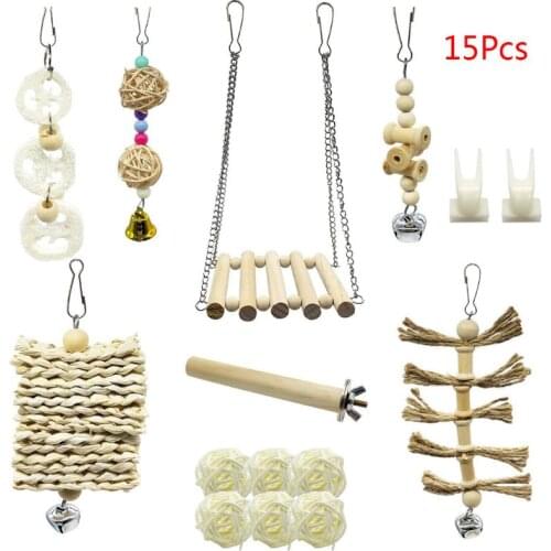 15Pcs/Set Pet Parrot Wooden Swing Chewing Toys Hanging Bell Stand Perch Training
