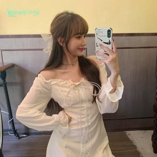 2021 Fashion Women France White Bandage Dress Elegant Vintage Cotagecore Club Mini Dress Summer Womens Clothing Long Sleeves
