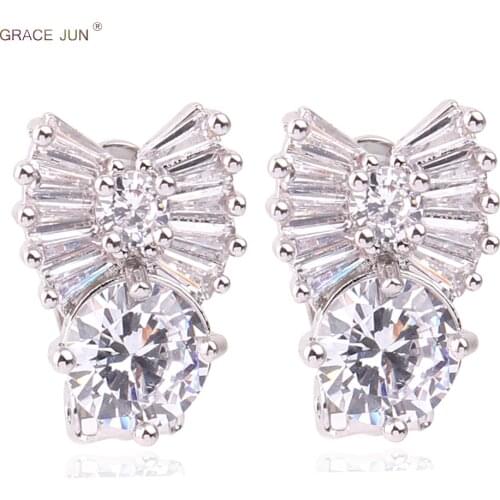 GRACE JUN Bowknot Clip on Earrings No Pierced for Girl Party Wedding Luxury Bride White Gold Color Cubic Zircon No Hole Earrings