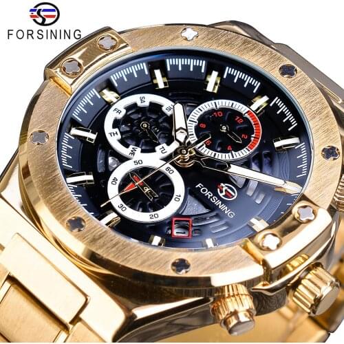 Forsining Men Mechanical Watches Automatic Golden Calendar Business Steel Clock Military Sport Male Wristwatch Relogio Masculino
