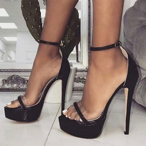 Black Snakeskin PVC Ankle Strap Platform Sandals Woman Super High Thin Heels Ladies Party Shoes Large Size 33 35 39 Sexy Fashion