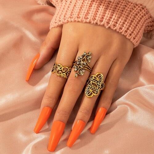 Docona 3pcs Vintage Crystal Tree Leaf Metal Knuckle Rings Set for Women Hollow Love Heart Finger Ring Jewelry Anillos D07404