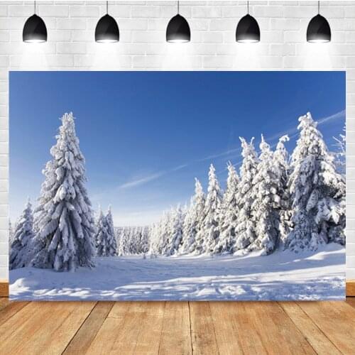 Laeacco Winter Christmas Tree Forest Snow Blue Sky Landscape Photo Photography Backdrop Photo Background For Photo Studio