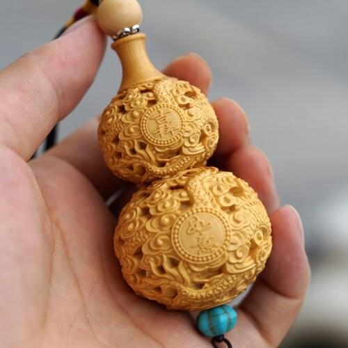 Delicate Lovely Chinese Traditional Handicrafts Lucky Boxwood Gourd,Carved with Beautiful Dragon Design