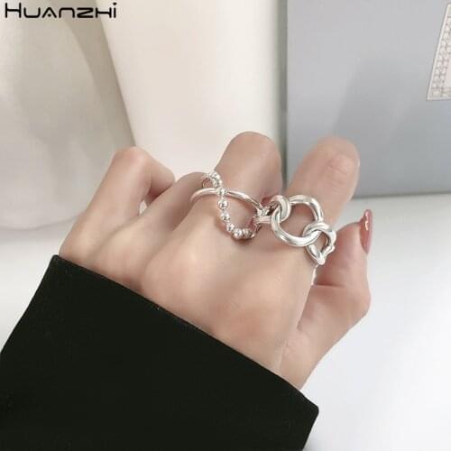 HUANZHI 2020 New Trendy 925 Sterling Silver Line Geometric Irregular Hollow Round Beads Chain Opening Rings for Women Jewelry