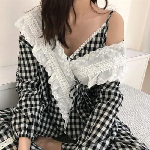 3 Piece Set fashion sexy sling shirt + v-neck top + pant pajamas women loose autumn winter pijamas sets new plaid pyjamas suit