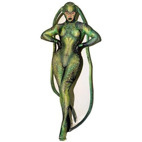 Halloween Rave Party Role-playing Stage Clothes Green bodysuit snake Spandex Stretch Skinny Jumpsuit Men Women Cosplay Costume