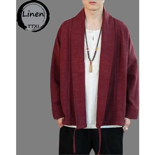 2021 Autumn Winter New Chinese Style Mens Clothes Cotton Linen Han Clothes Taoist Robe Jacket Japanese Kimono plus size