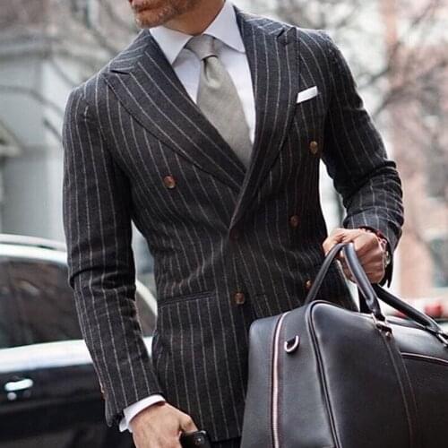 ANNIEBRITNEY Black Stripe Slim Fit Double Breasted Men Business Suit Custom Groom Wedding Tuxedo Stripe Wedding Business Suit