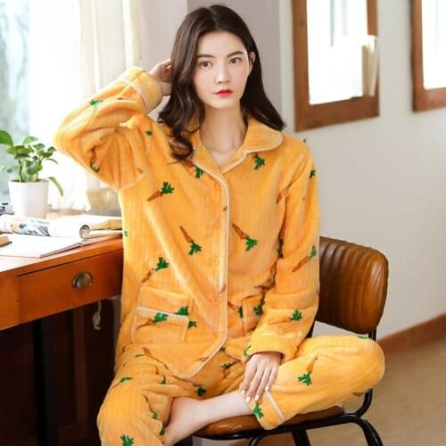 Sleepwear New Womens Pajamas Winter Flannel Pyjamas Home Suit Ladies Cartoon Long Sleeved Nightwear Home Clothes Lounge Pijama
