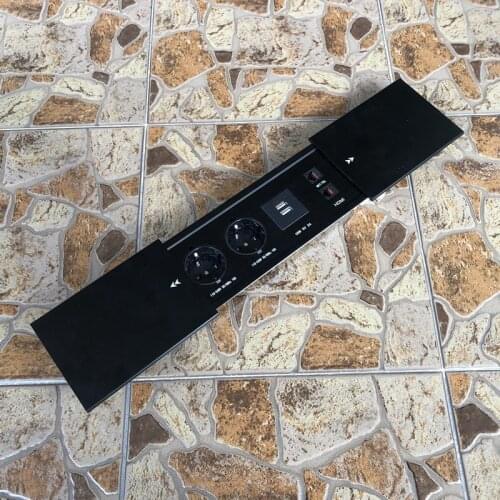 Aluminum Alloy Plate Slide Type Hidden 2 Power EU Socket Dual USB Charge Port RJ45 RJ11 Office Table Outlet Matte Black Cover