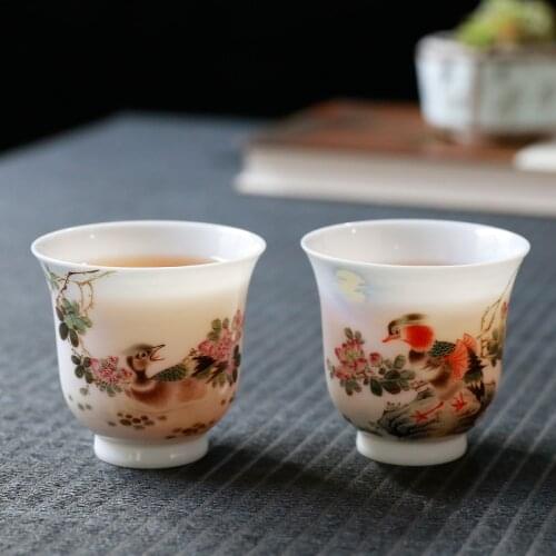 After the museum originality hand-painted yuanyang cup sample tea cup master cup manually thin foetus two gift boxes