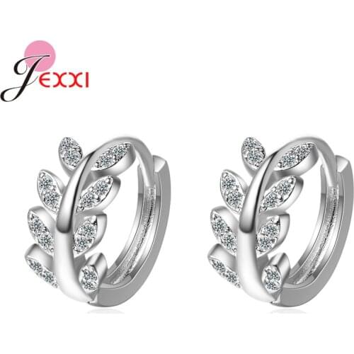 Real 925 Sterling Silver Earrings for Women Girl Small Luxury Crystal Plant Leaf Hoop Earring Olive Wedding Fashion Jewelry