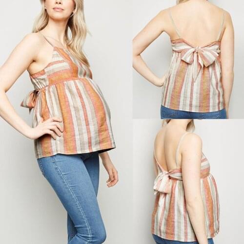 TELOTUNY Maternity Stripe Print Off Shoulder Backless Bow Camisole Vest Pregnant Tops Summer Youth Fashion Maternity Top