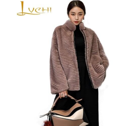 LVCHI Winter 2019 Wave Cut Mink Fur Coats Womens Mandarin Collar Long Sleeve Real Fur Coat Big Loss Full Pelt Causal Mink Coats