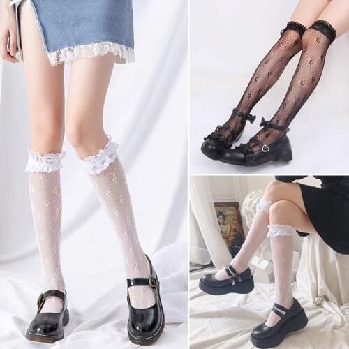 1Pair Summer Women High Lace Knee High Socks Transparent Elastic Kawaii Lace Fishnet Stockings Lolita JK Uniform