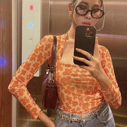 2021 New Women Close-fitting Pullover Orange Floral Printed Pattern Long Sleeve Square Collar Tops S/ M/ L