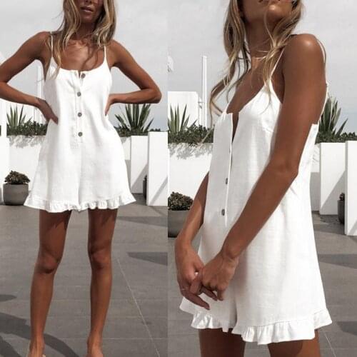 Women Spaghetti Strap Button Down Ruffles Jumpsuit Shorts Playsuits for Summer AIC88