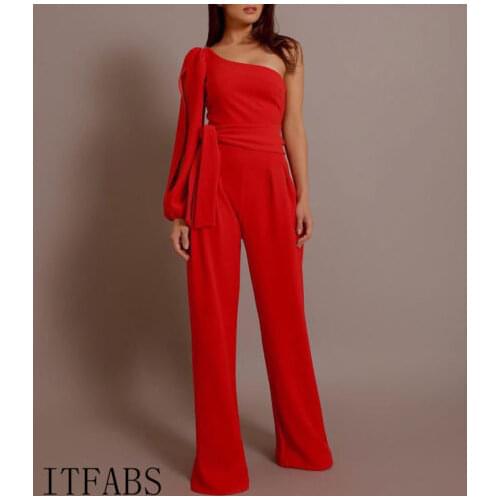 Women Summer Party Clubwear Playsuit Jumpsuit Wide Leg Solid One Shoulder Long Casual Trousers Pant