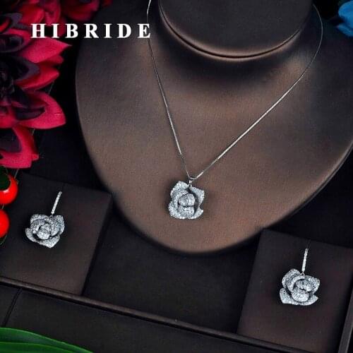 HIBRIDE Luxury Silver Color Flower Pendientes Bridal Women Jewelry Sets Girls Earring Necklace Accessories Engagement Gift N-622