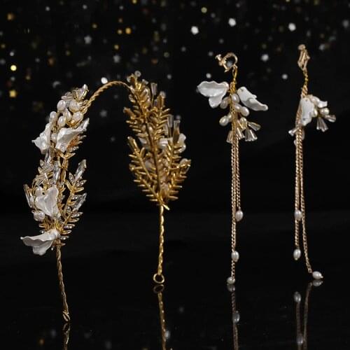 Gold Silver Tiaras and Crown with Earring Pearls Beaded Girls Pageant Party Headwear Wedding Headband accessoire cheveux HD07
