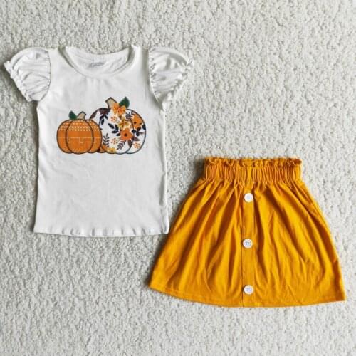 Toddler girl fashion new pumpkin white T-shirt puff sleeve girl orange high waist elastic small skirt girls 2pcs