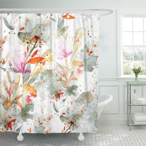 Aquarelle Naive Watercolor Pouring and Splashing Floral Motifs Hand Design Botanical Boho Chic Flower Shower Curtain Polyester 7