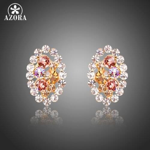 AZORA Brand Fashion Jewelry Gold Color Oval Flower Stud Earrings for Woman Multicolor Austrian Crystals Earrings TE0298