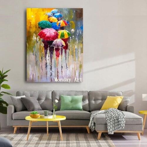 Large painting Hand painted Lover Rain Landscape Oil Painting On Canvas Wall Art Pictures For Living Room Home Decor best gift