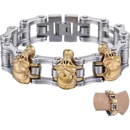 18mm Wide Mens Skulls Bracelets 316L Stainless Steel Gold Silver Color Biker Motorcycle Link Chain Bracelet Dropship LHB308