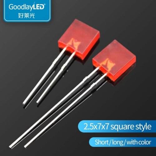 1000Pcs 2.5x7x7 Square Red Short /Long Leg 2.5*7*7 HighLight Astigmatism Light-Emitting Diode LED