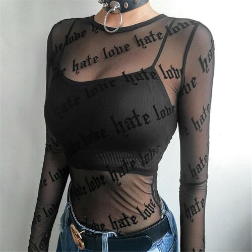 Tshirt Women Sexy Black Lace Mesh Sheer Letter Printing Tee Shirts See-Through Perspective Long Sleeve Tops T-shirt