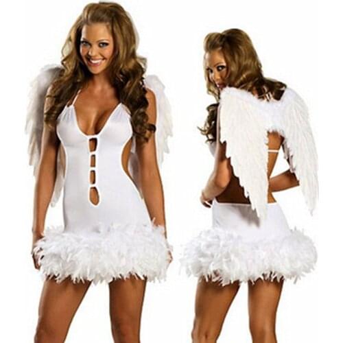 Hot Sale Halloween Angel Mini Dress Sweet White/Black Angels Costume With Feather Wings M4128