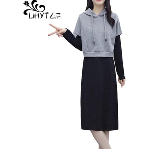 UHYTGF Elegant Student Spring Two-Piece Set Womens Fashion Hooded Sweatshirt Tops With Base Dress Suit Female 5XL Plus Size 1267
