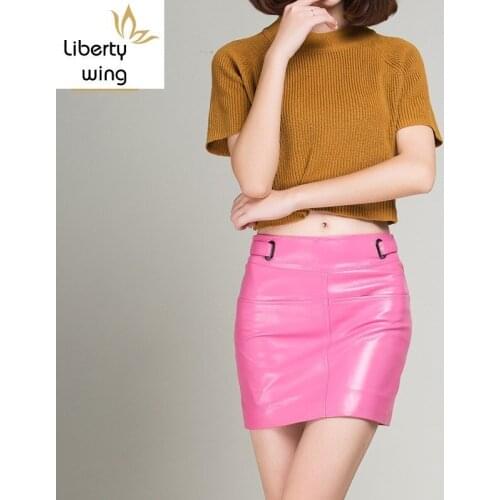 2020 New Pink Black Yellow Short Pencil Skirts Real Leather Fashion Summer Office Lady Sheepskin Sexy Mini Skirt High Quality