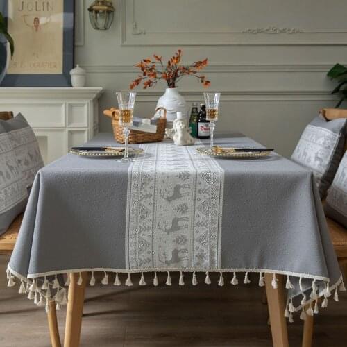 Fashion table cloth art polyester Christmas fawn gray tablecloth jacquard picnic table household rectangular tassel tablecloth