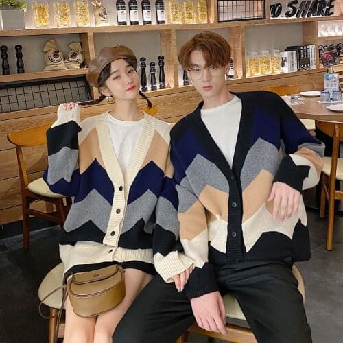 Cardigan Mens Warm Fashion Patchwork Casual V-Neck Knitwear Spring And Autumn 2021 New Couple Street Harajuku Clothing 2 Colors