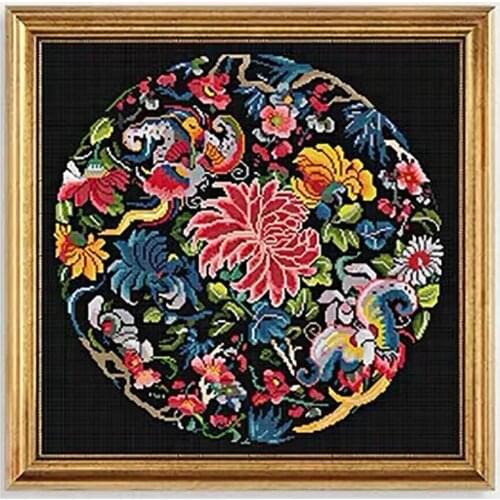 Mexican Style Abstract Peacocks with Flower Stamped Cross Stitch Kit embroidery needlework set, Black