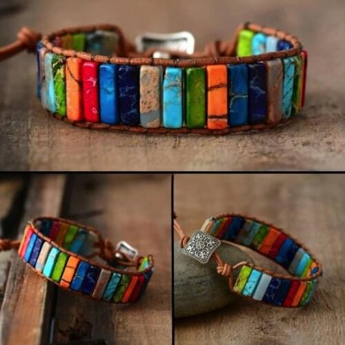 Natural Stone Handmade Multi Color Chakra Bracelet Tube Beads Leather Wrap Bracelet Creative Gifts Jewelry