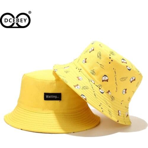 DCEBEY Double-side Bucket Hat Unisex Bucket Cap Cute Shiba Inu Dog Print Yellow Hat Hat Bob Hat Hip Hop Women Panama Bucket Cap