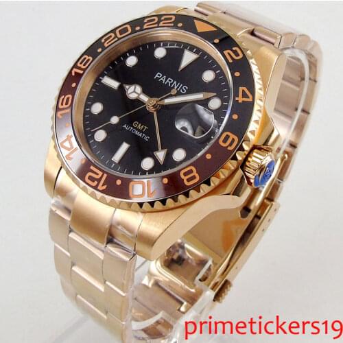 Golden plated case 40mm PARNIS black dial GMT date golden plated strap automatic movement sapphire glass mens watch PA1204