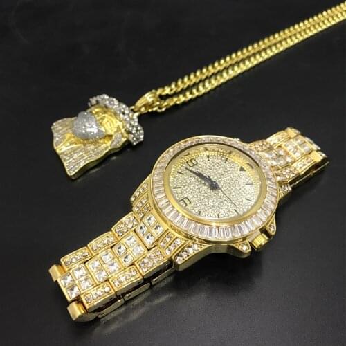 Luxury Men Gold Color Watch & Neckalce Combo Watch Set Ice Out Cuban Crystal Miami Jewerly Neckacle Chain Hip Hop For Men