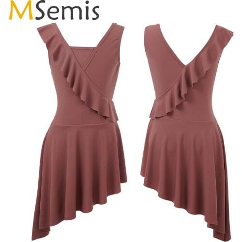 Kids Girls Sleeveless Ruffle Asymmetrical Gymnastics Leotard Open Back Latin Figure Skating Ballet Dress Performance Dancewear