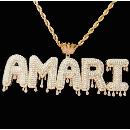 Hip Hop Custom Name Cubic Zircon Crown Drip Bubble Letters Chain Pendants&Necklaces For Women Man Jewelry Cuban Rope Chain