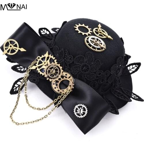 Vintage Hat Lace Ribbon Bo Tie Lolita Cosplay Mini Top Hats for Men with Gears Women Hat Steampunk Party Hair Accessories Gothic